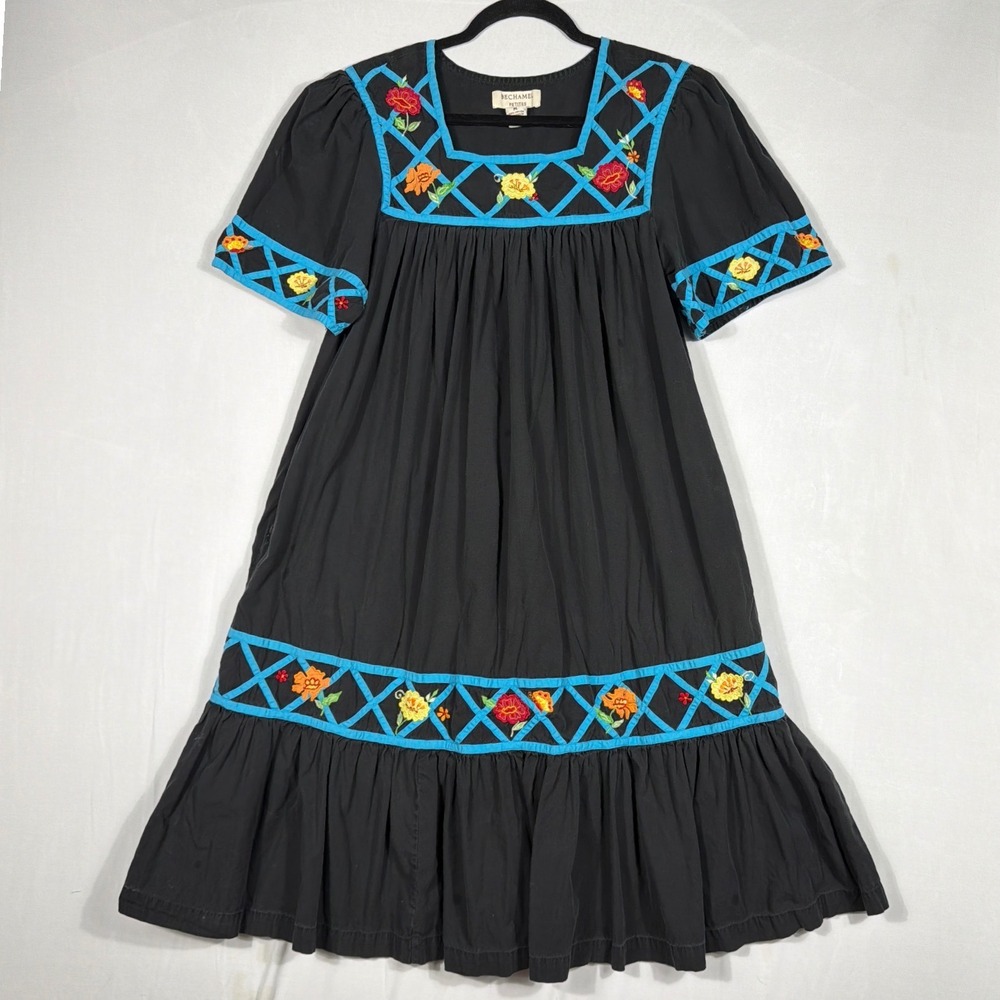 Vtg Bechamel Embroidered Floral Peasant Midi Dress PL Black Cotton Cottage Boho